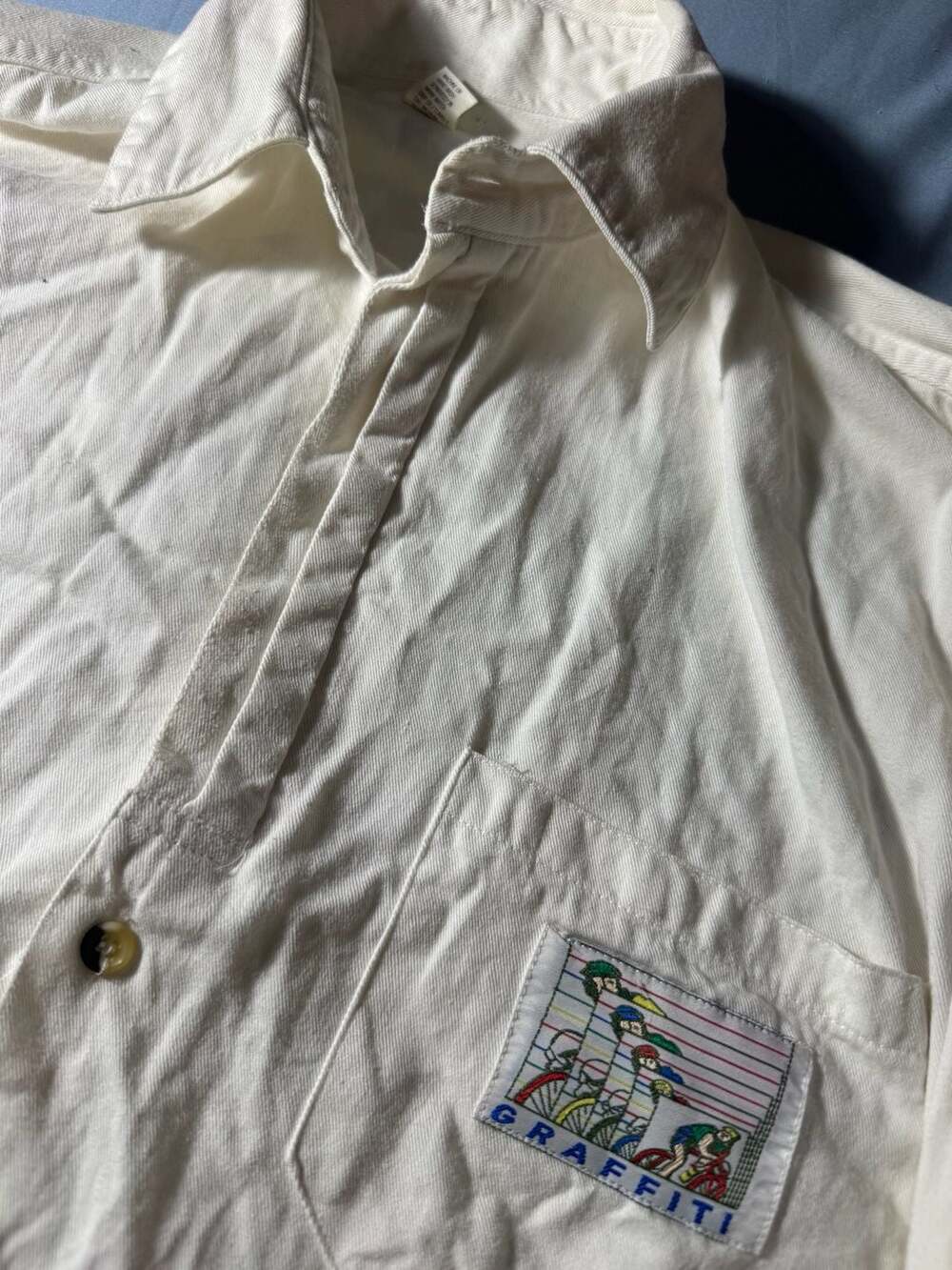 Vtg Graffiti Shirt Size M White Button Up Cycling Pocket